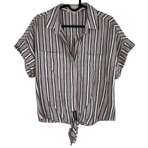 Cloth & Stone Top Small Linen Blend Button Tie Waist Striped White Red Blue